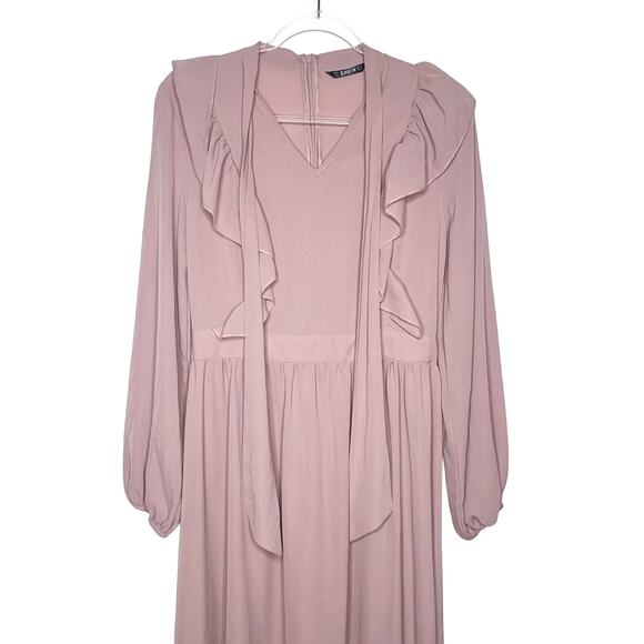 SHEIN Tie Neck Fit & Flare Ruffle Trim Long Sleeve Maxi Dress Rustic Pink Size M - Picture 5 of 11